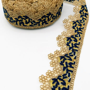 Gold Sheer Tissue Fabric Cutwork Trim with Embroidery in Gold and Navy Blue, Scallop Trim, Fringe Trim